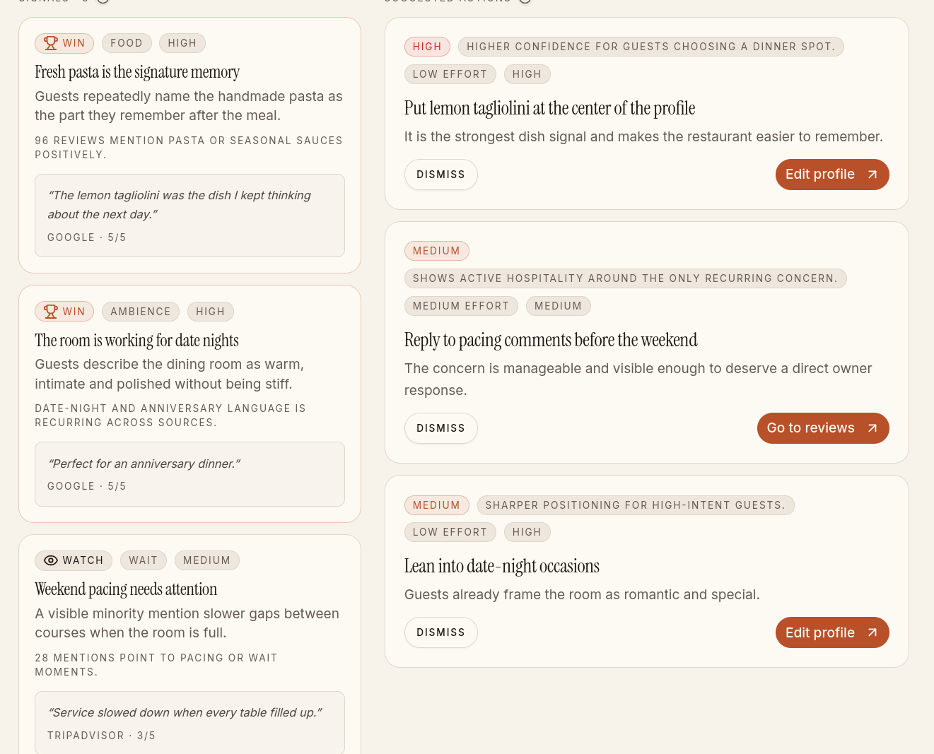 Signals dashboard showing win, watch, and risk indicators with evidence quotes.
