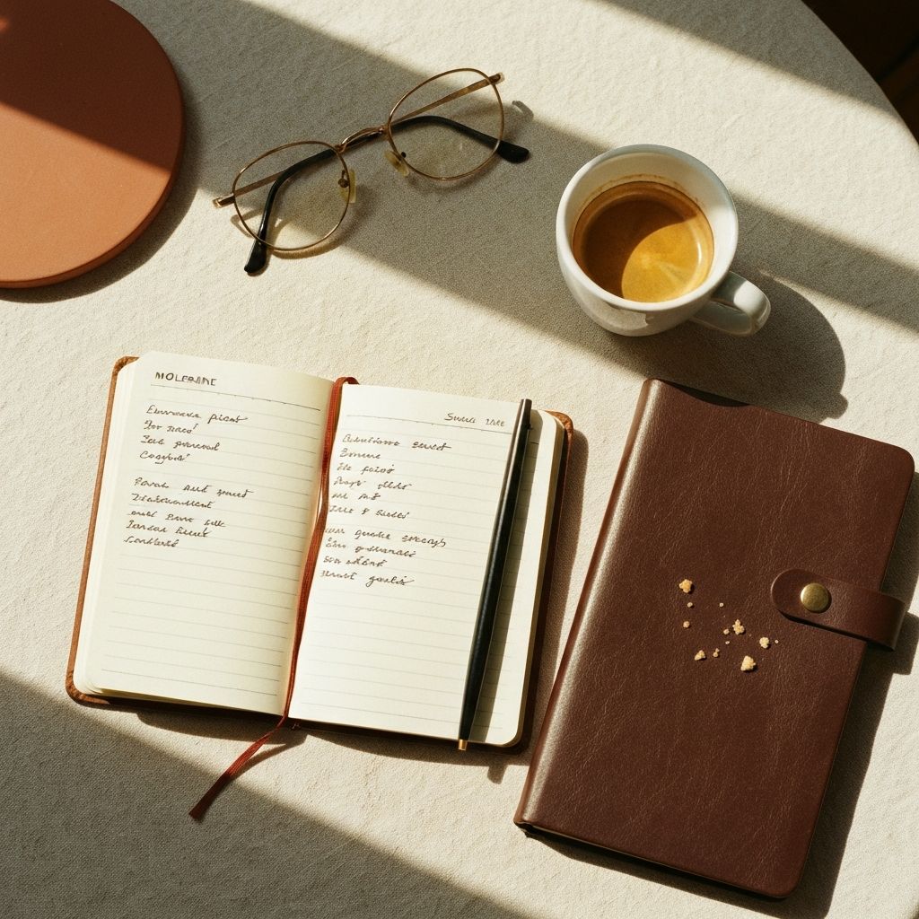 Restaurant reservation book, notebook and espresso on a cream linen table