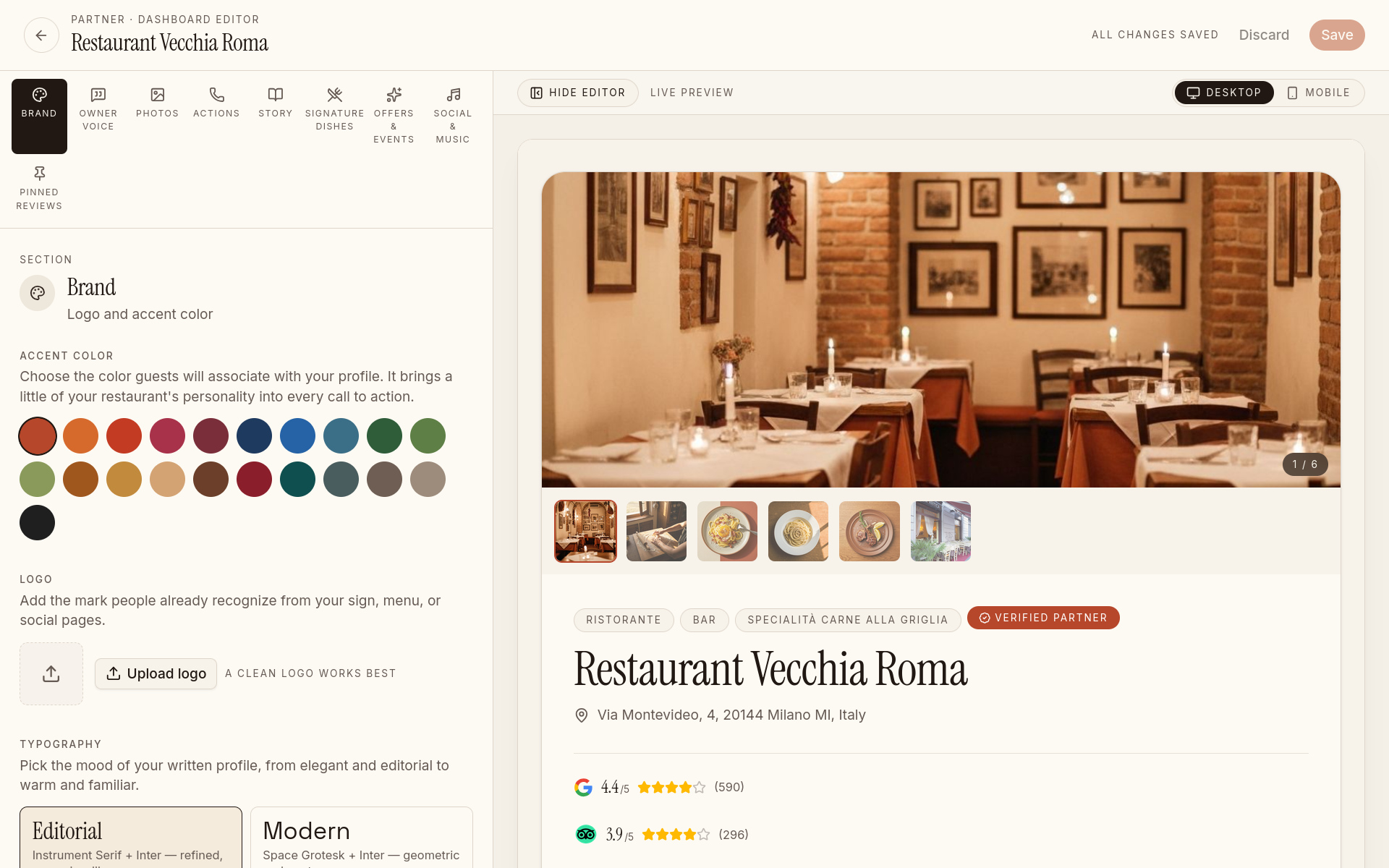 Profile editor showing the editing panel on the left and live preview of the public page on the right.